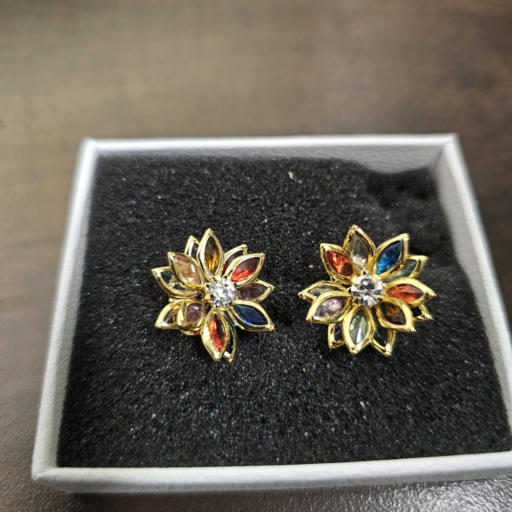 Gold Floral Multi-Gem Stud Earrings — Colorful Petal Design